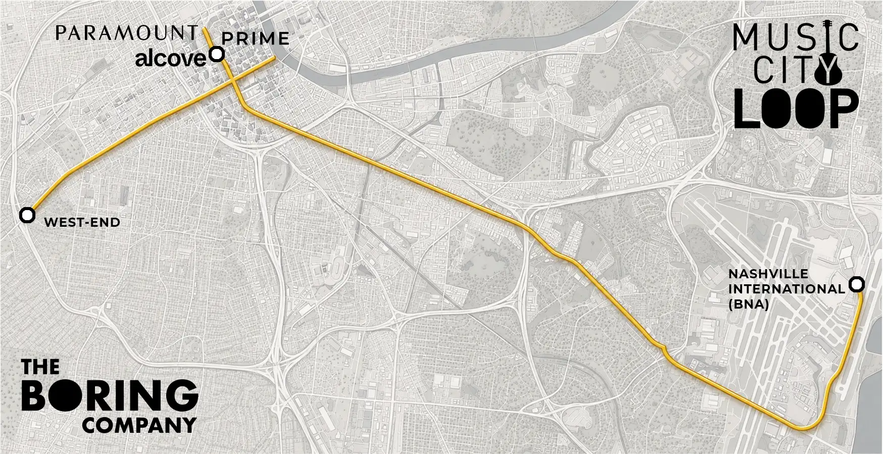 Illustrated map showing PARAMOUNT, PRIME, and ALCOVE connected by tunnel routes to Lower Broadway and Nashville International.
